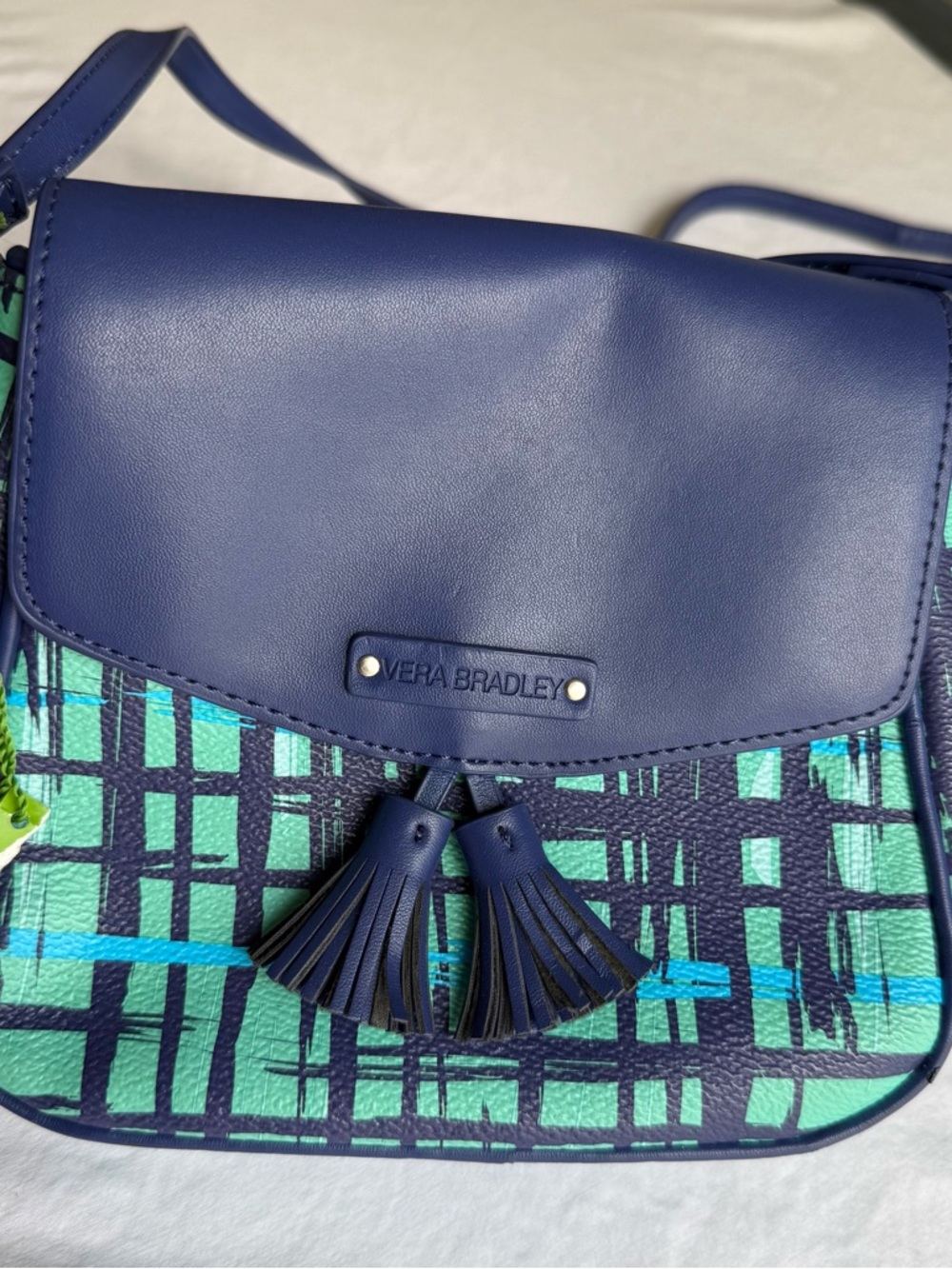 Vera Bradley Navy Teal Plaid Crossbody Bag Magnetic Flap Tassel Adjustable Strap